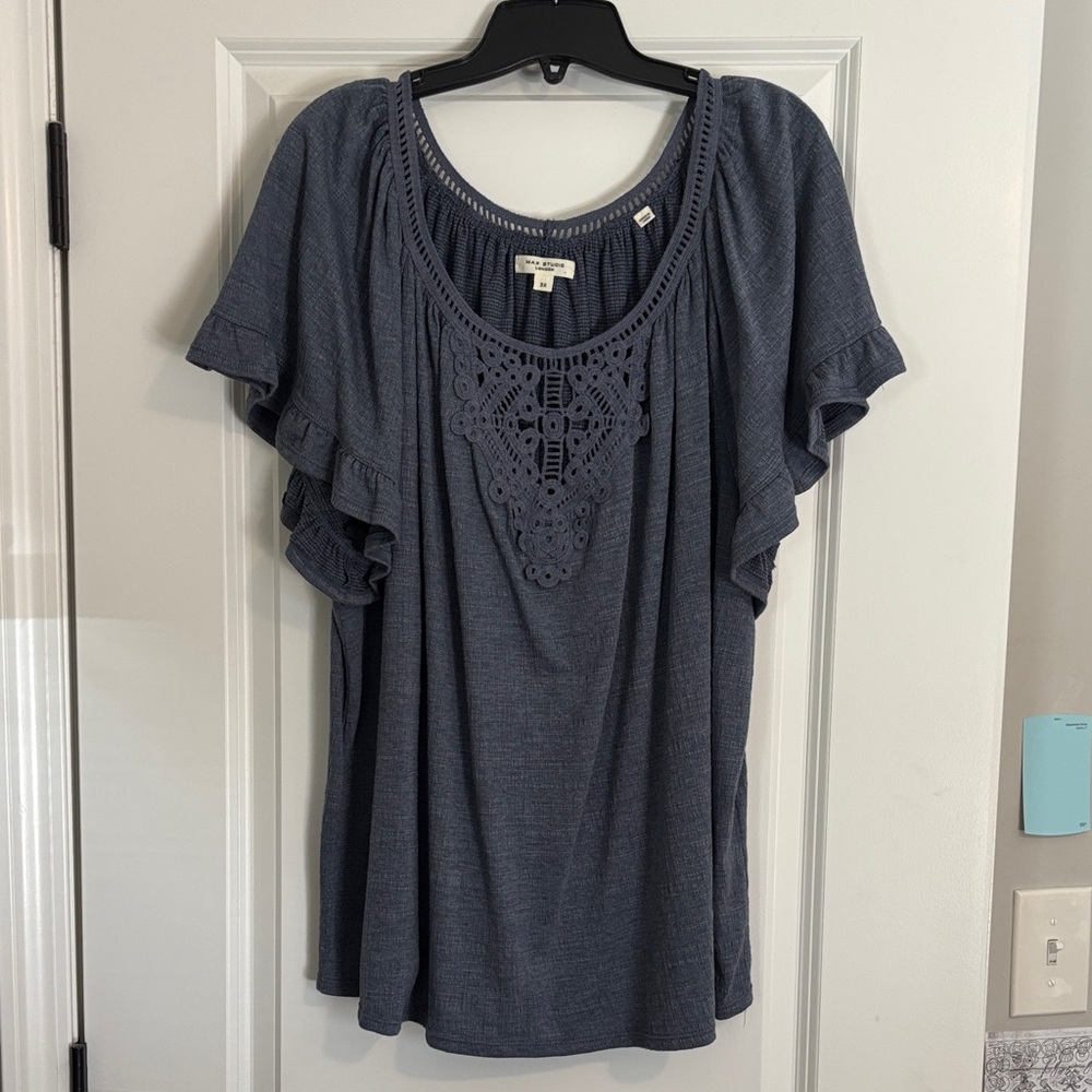 Max Studio Navy Blouse with Crochet Accent